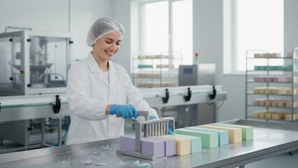 Naklejka premium Woman worker cutting colorful soap bars in manufacturing factory. Professional female employee in lab coat and hairnet at soap production facility. Hygiene and cosmetic industry