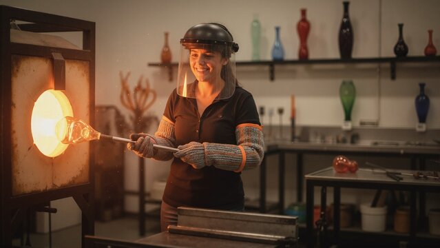 Female glassblower working with molten glass at glowing furnace. Artisan in safety gear heating glass in studio workshop. Traditional glassblowing craft concept