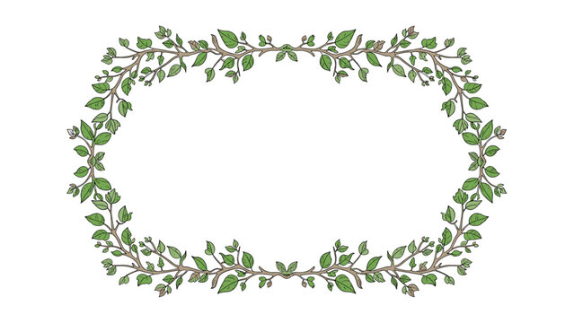 Rectangular decorative frame border made from green leafy branches and small flower buds over a plain white background.