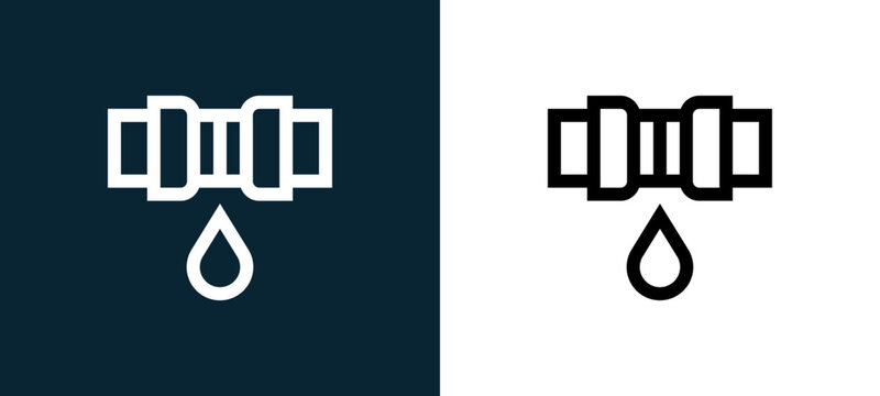 Two-color leak outline icon pair in black and white, editable stroke vector illustration for web, mobile apps, UI design, branding, and print from home automation