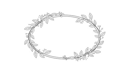 Delicate oval wreath made of thin branches with small leaves and berries is drawn in a clean black and white line art style. © Fathya