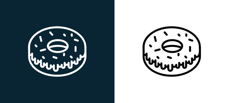 Two-color doughnut outline icon pair in black and white, editable stroke vector illustration for web, mobile apps, UI design, branding, and print from gastronomy