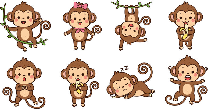 Cute monkey cartoon character set with different poses playing eating sleeping and hanging vector illustration