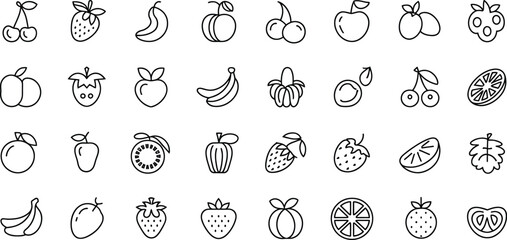 Fruit icons set, 30 line art illustrations, black and white, vector graphics, food symbols © yamin678