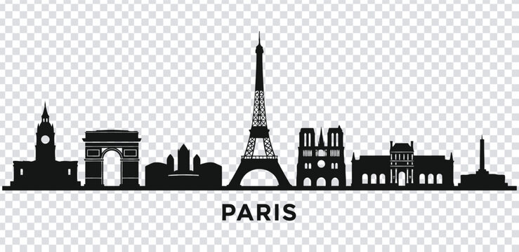 Vector illustration black silhouette of paris city skyline with famous landmarks