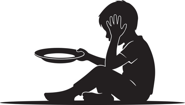 Silhouette of a poor child sitting with hand on head holding an empty plate, concept of global hunger and world food crisis.