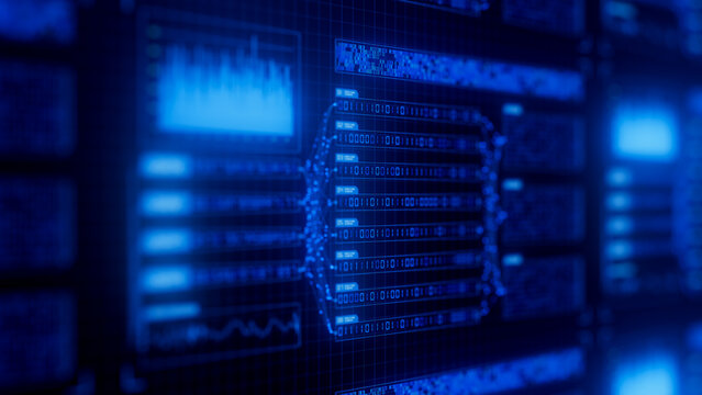 Abstract blue big data flow visualization of binary neural network learning process. Quantum computing of artificial intelligence. Futuristic digital ai technology algorithm of data stream.