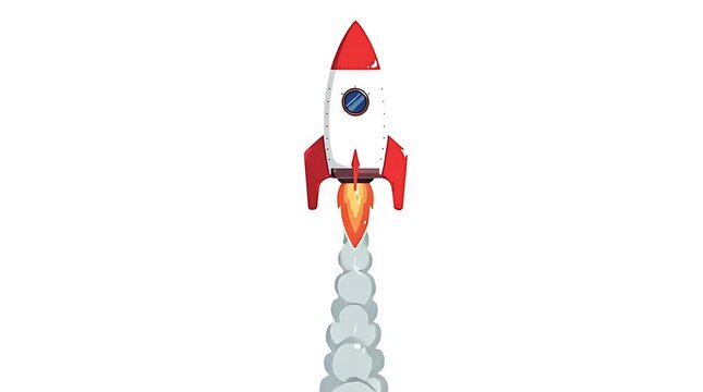 Cartoon Rocket Ship Launching with Smoke Trail on White Background