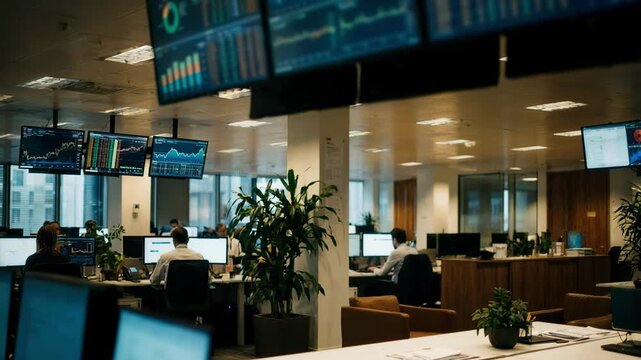 Medium shot of screens tracking realtime lending utilization and margin status updates emphasizing data clarity against a blurred financial office setting.