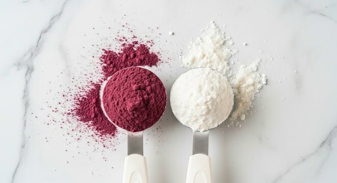 Two measuring scoops purple and white powders marble surface nutrition supplement fitness health food photo