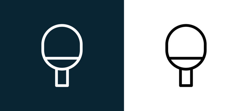 Two-color racket outline icon pair in black and white, editable stroke vector illustration for web, mobile apps, UI design, branding, and print from table tennis