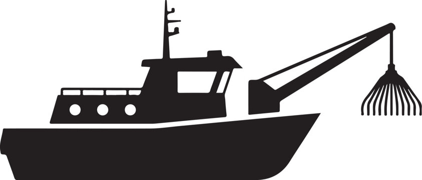 Black silhouette fishing boat, industrial dredger, heavy machinery, nautical icon