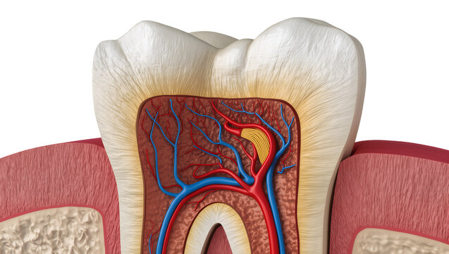 Cross-section of a human tooth showing enamel dentin pulp nerves and blood vessels, isolated on transparent background