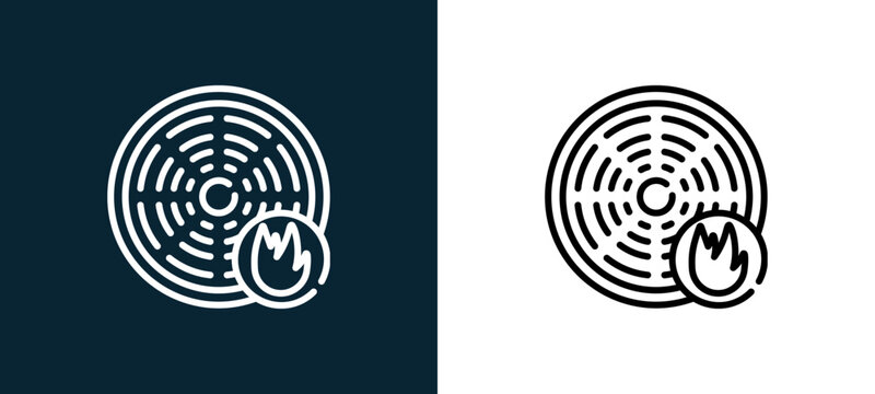 Two-color smoke detector outline icon pair in black and white, editable stroke vector illustration for web, mobile apps, UI design, branding, and print from smart home
