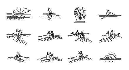 Line art depictions of rowing boats and related water sports icons © MdNirob