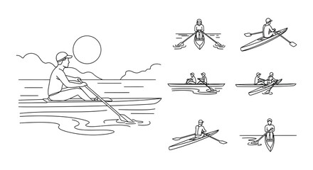 Line art depictions of rowing boats and related water sports icons © MdNirob