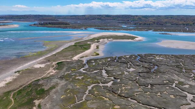 North River mouth to the Atlantic Ocean aerial view between Third Cliff and Fourth Cliff village in town of Scituate, Massachusetts MA, USA. 
