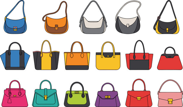 Handbag Collection Vector Illustration Set Featuring Shoulder Bags Tote Bags and Fashion Purses in Various Colors for Retail Accessories and Design Projects