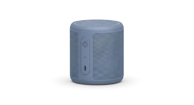 Stylish blue Bluetooth speaker for music listening and audio playback with power button. Modern technology device on white background.