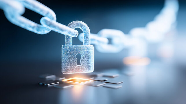 Digital padlock linked to a chain above a microchip illustrating blockchain security, encrypted protection, cyber resilience, and secure data infrastructure.
