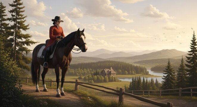Woman in red coat riding horse in idyllic rural landscape with mountains and trees. Horseback riding in nature, scenic vista, outdoor adventure.