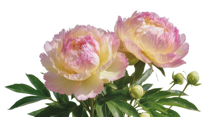 Two delicate pink and yellow peonies with green leaves, isolated on transparent background © Hugo