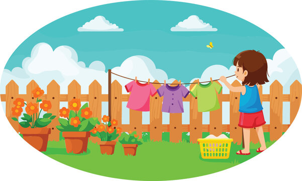 Girl hanging laundry on clothesline in backyard garden with flowers and wooden fence cartoon vector illustration