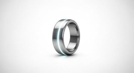 Obraz premium Sleek silver ring with a futuristic blue light detail on a white background, representing modern technology and digital accessories, with an elegant design.