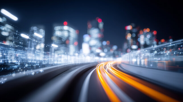 Curving speed trails through a futuristic cityscape symbolizing digital acceleration, smart mobility, high speed connectivity, and the nonstop flow of urban data.

