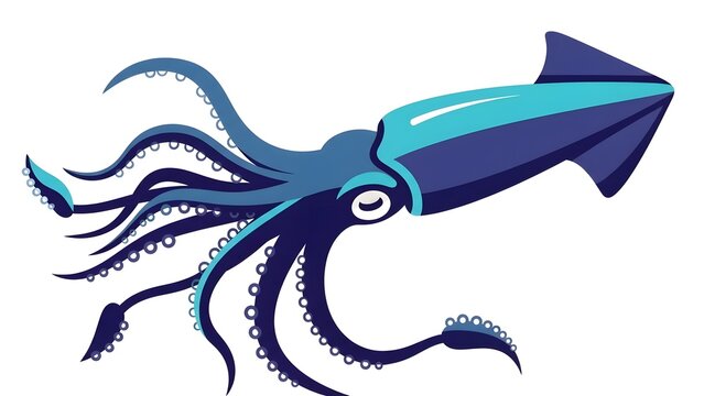 Captivating blue squid illustration, featuring its dynamic, elongated body and flowing tentacles, ideal for marine biology designs, ocean wildlife projects, and aquatic themed graphics