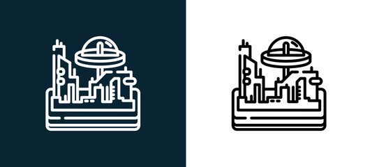 Two-color space colony outline icon pair in black and white, editable stroke vector illustration for web, mobile apps, UI design, branding, and print from space © MacroOne