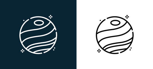 Two-color planet outline icon pair in black and white, editable stroke vector illustration for web, mobile apps, UI design, branding, and print from space © MacroOne