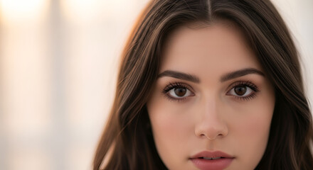 Naklejka premium Close-up portrait of a young woman with long dark hair and natural makeup, soft bokeh background, serene expression, natural beauty and soft lighting