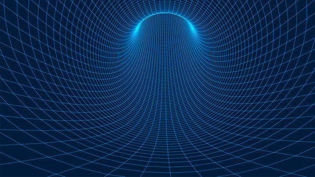 An abstract visualization of a funnel or tunnel, created from a multitude of bright, smooth lines, creating a deep perspective and the effect of virtual space against a dark background. Linear vector 