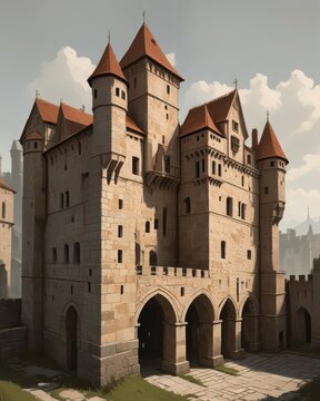 Sandstone fortress towers rising above a gothic arched entrance passage