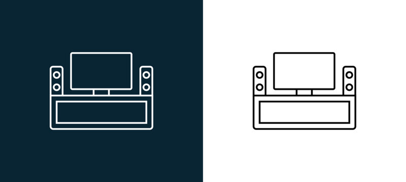 Two-color home theater outline icon pair in black and white, editable stroke vector illustration for web, mobile apps, UI design, branding, and print from furniture