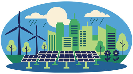 Obraz premium Green city with wind turbines and solar panels technology.