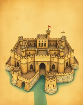 Compact fortified castle with layered walls, turrets, and arched entrance