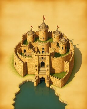 Stone castle with concentric defenses, corner turrets, and central tower