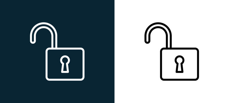 Two-color unlock outline icon pair in black and white, editable stroke vector illustration for web, mobile apps, UI design, branding, and print from essentials