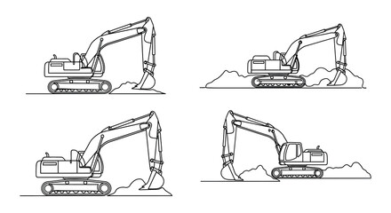 Line art illustrations of excavators in various digging positions © MdNirob