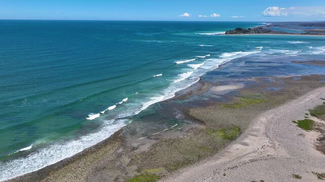 North River mouth to the Atlantic Ocean aerial view between Third Cliff and Fourth Cliff village in town of Scituate, Massachusetts MA, USA. 