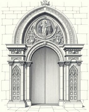 Ink illustration of a Romanesque church door with figural tympanum relief