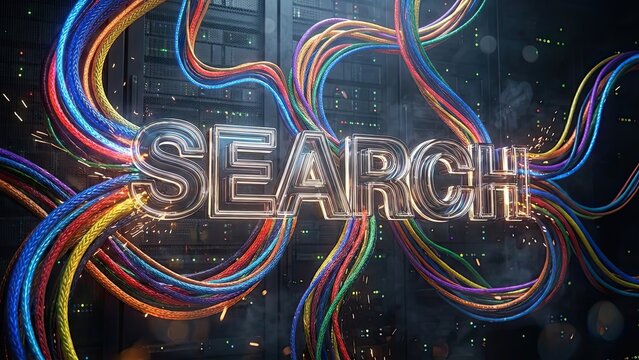 The Search for Information: The word SEARCH shimmers amidst a tangle of colorful cables, evoking the intricate and complex nature of information retrieval in the digital age.
