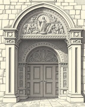 Romanesque arched entrance with layered moldings, carved tympanum, and pilasters