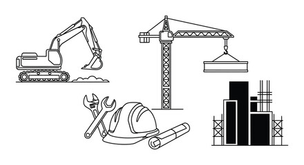 Line art illustrations of excavators in various digging positions © MdNirob
