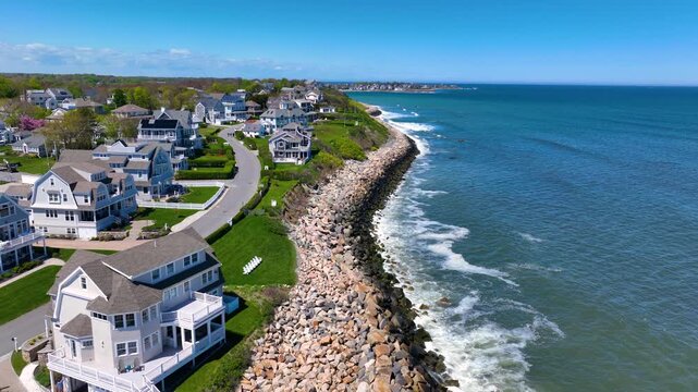 Third Cliff village aerial view at the North River mouth to the Atlantic Ocean in town of Scituate, Massachusetts MA, USA. 