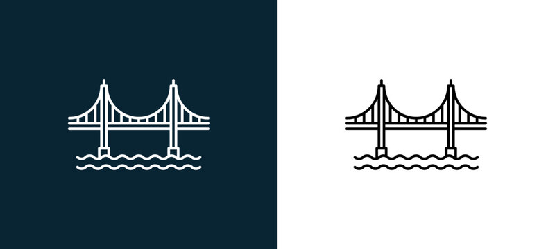 Two-color golden gate bridge outline icon pair in black and white, editable stroke vector illustration for web, mobile apps, UI design, branding, and print from travelling