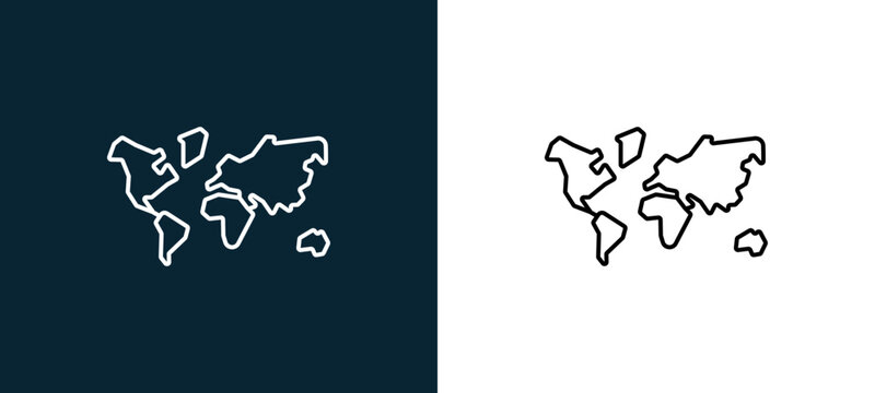 Two-color continents outline icon pair in black and white, editable stroke vector illustration for web, mobile apps, UI design, branding, and print from travelling