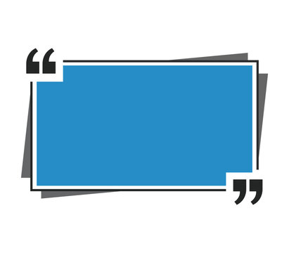 Blue corporate quote box frame design with quotation marks and geometric shadows.